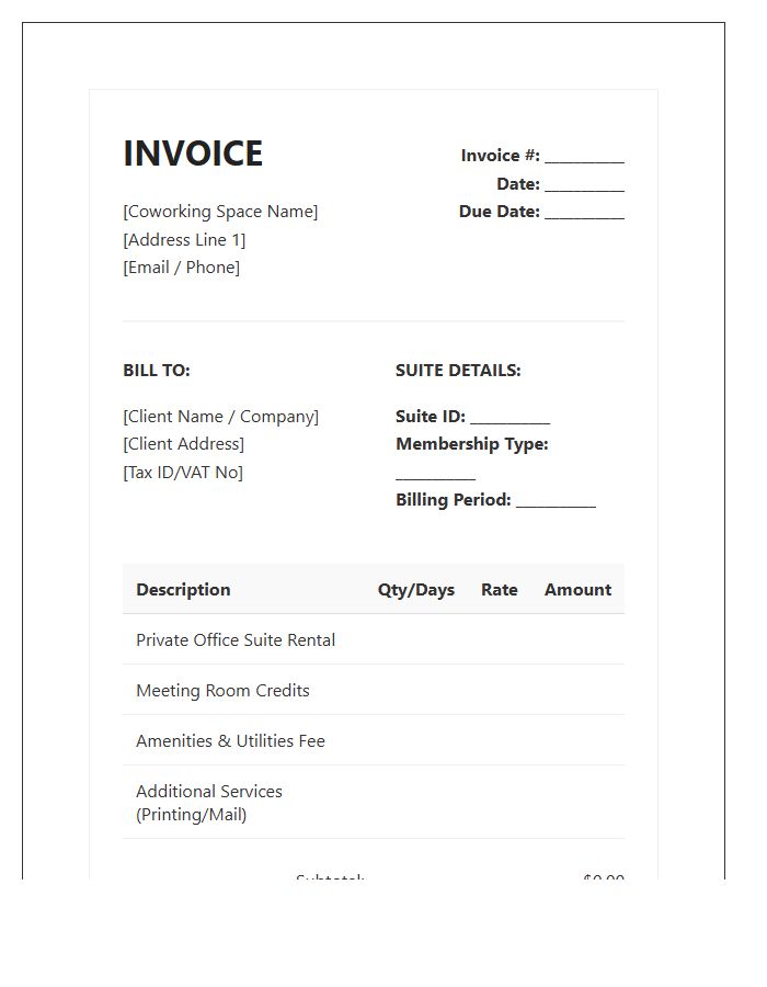 Coworking Office Suite Rental Invoice Template