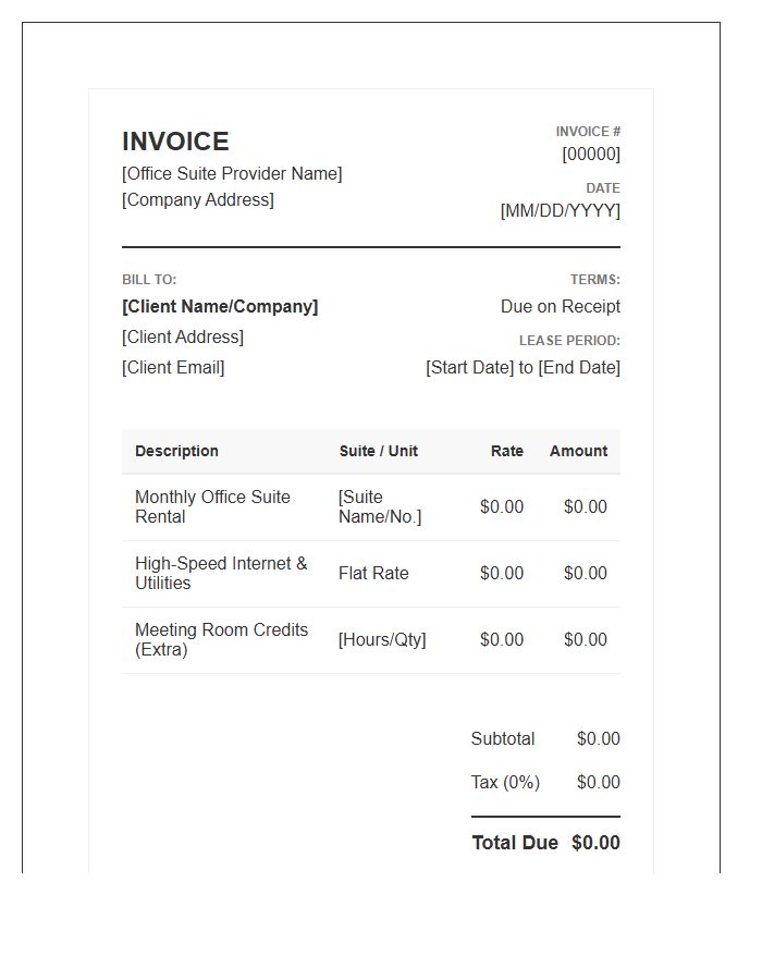 Flexible Office Suite Rental Invoice Template