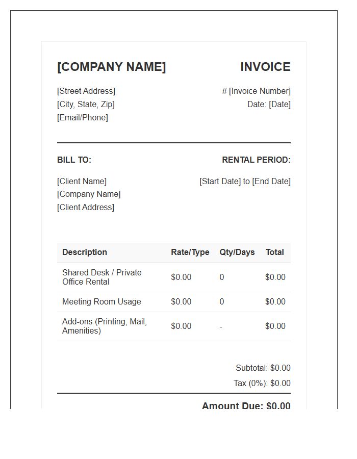 Shared Office Space Rental Invoice Template