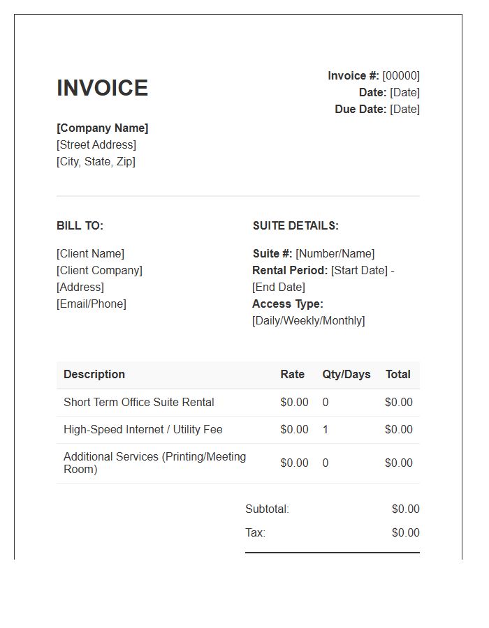 Short Term Office Suite Rental Invoice Template
