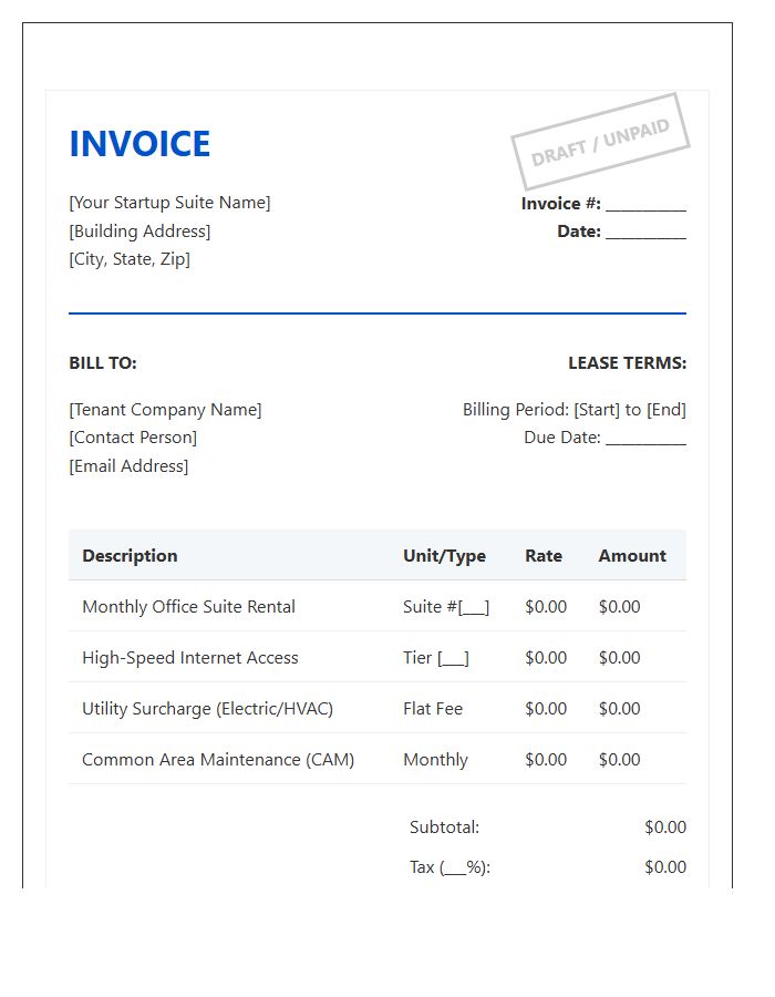 Startup Office Suite Rental Invoice Template