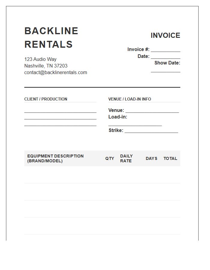 Backline Rental Invoice Template