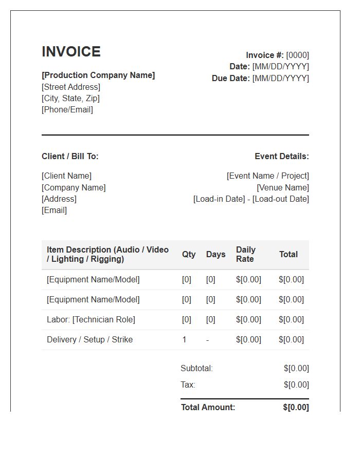Event Production Equipment Rental Invoice Template