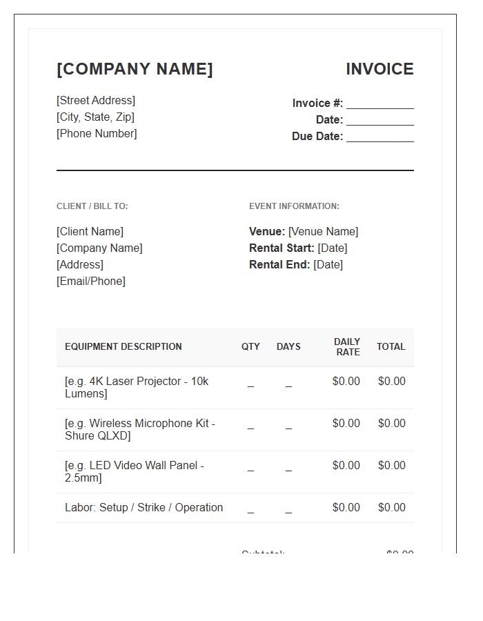 Professional AV Technology Rental Invoice Template