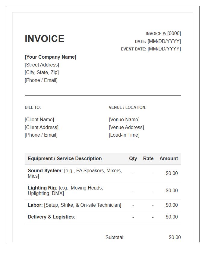 Sound And Lighting Rental Invoice Template