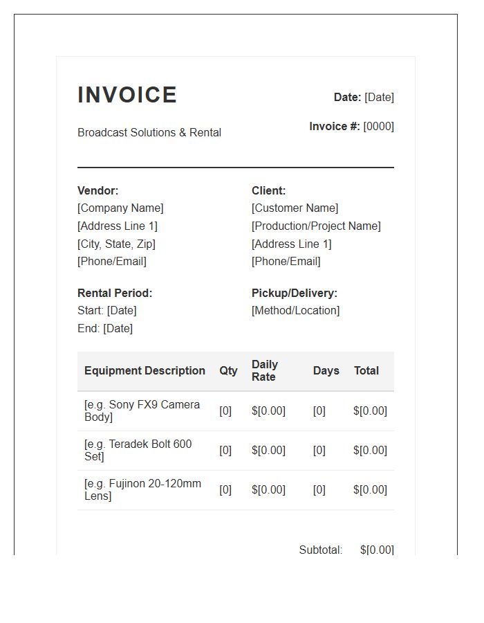 Video Broadcast Equipment Rental Invoice Template