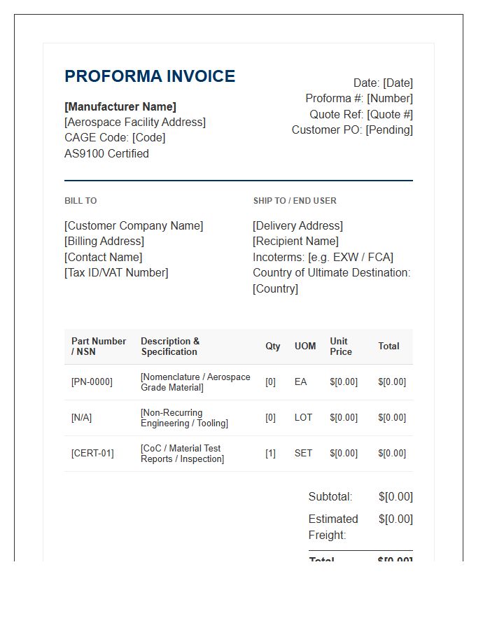 Aerospace Manufacturing Proforma Invoice Template