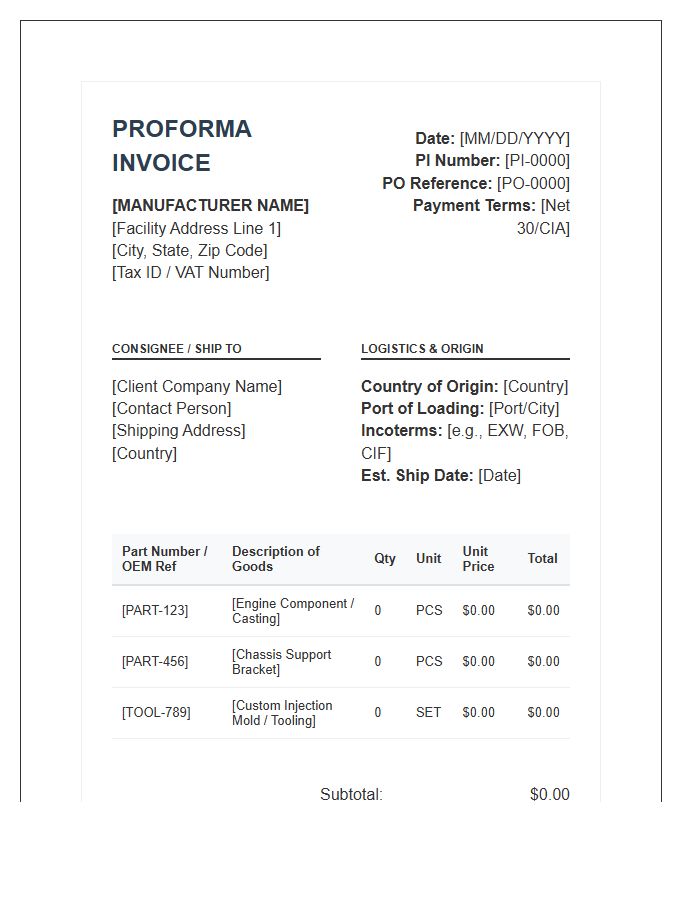 Automotive Parts Manufacturing Proforma Invoice Template
