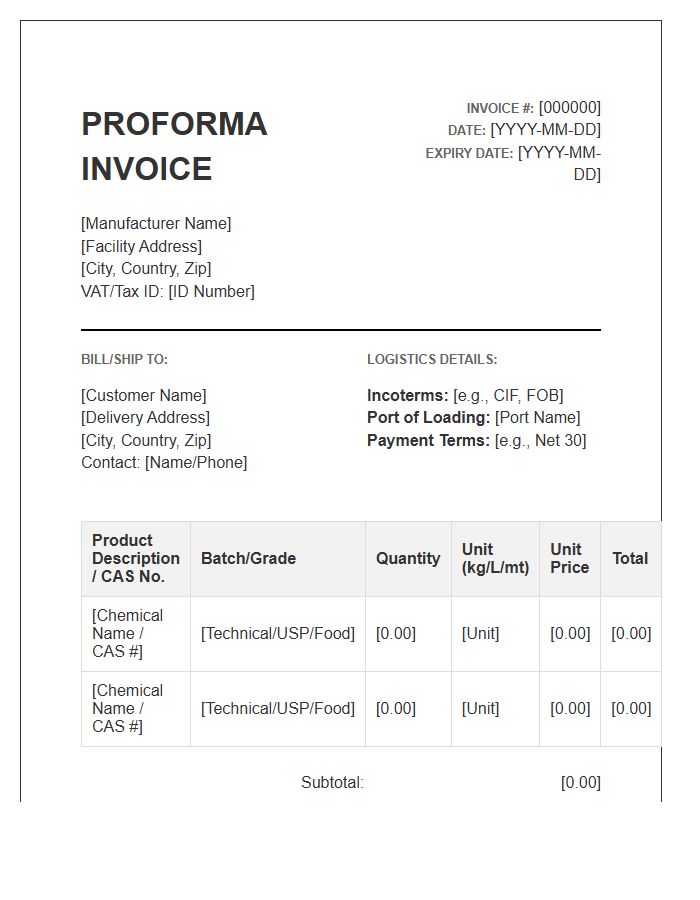 Chemical Production Proforma Invoice Template