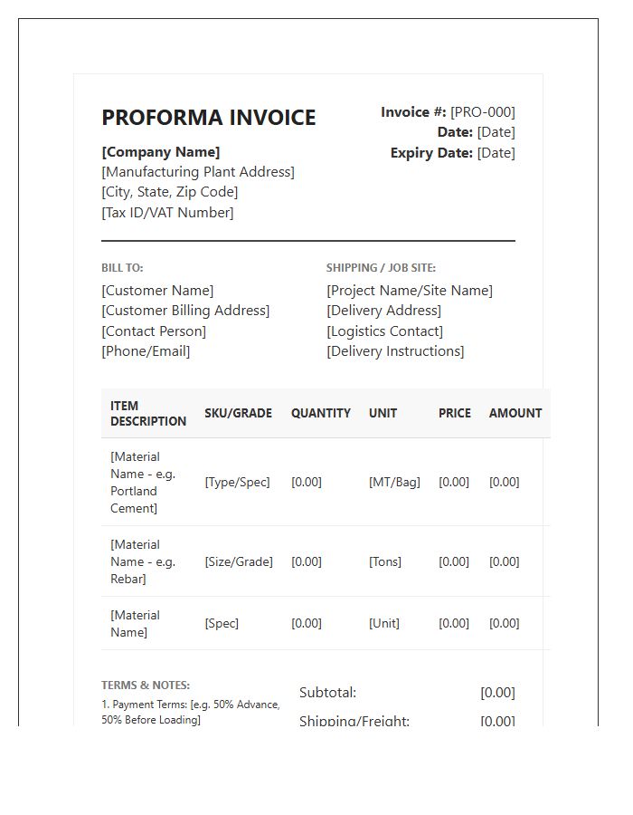 Construction Material Manufacturing Proforma Invoice Template