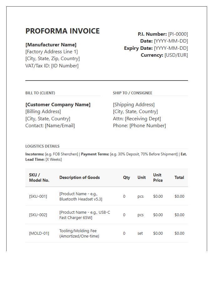 Consumer Electronics Manufacturing Proforma Invoice Template