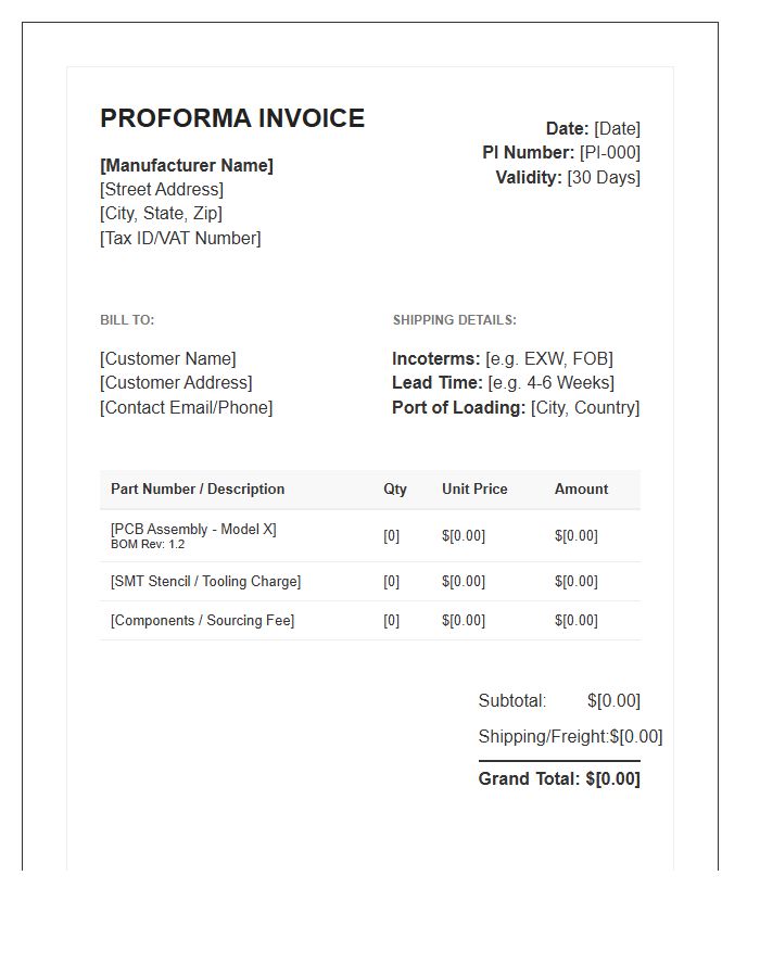 Electronics Manufacturing Proforma Invoice Template