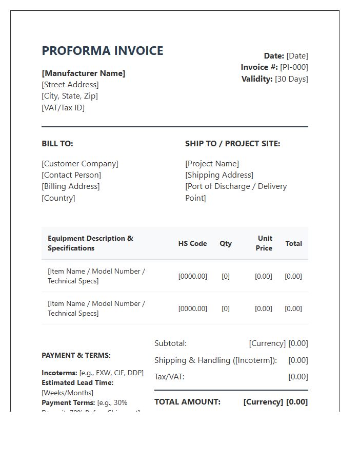 Energy Equipment Manufacturing Proforma Invoice Template