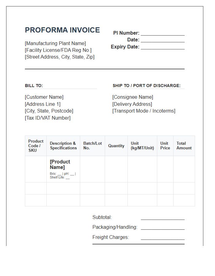 Food Processing Manufacturing Proforma Invoice Template