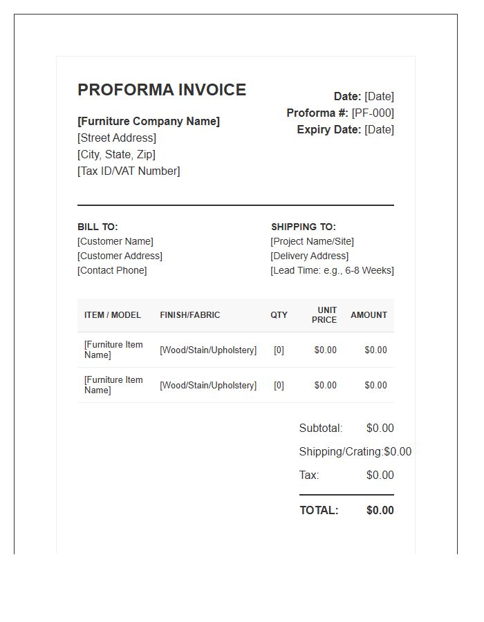 Furniture Manufacturing Proforma Invoice Template