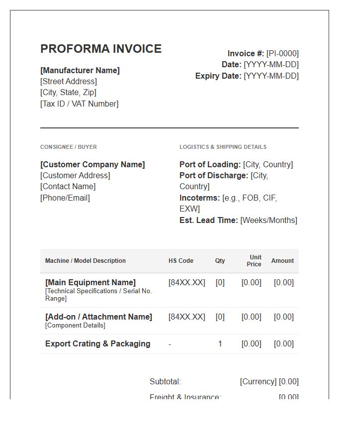 Heavy Machinery Manufacturing Proforma Invoice Template