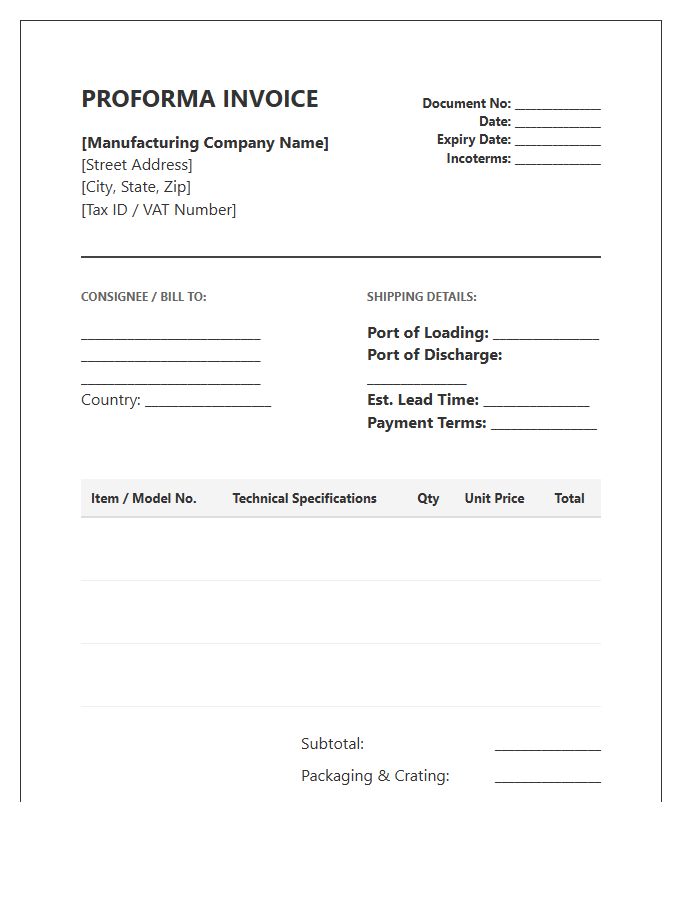 Manufacturing Proforma Invoice Template For Industrial Equipment