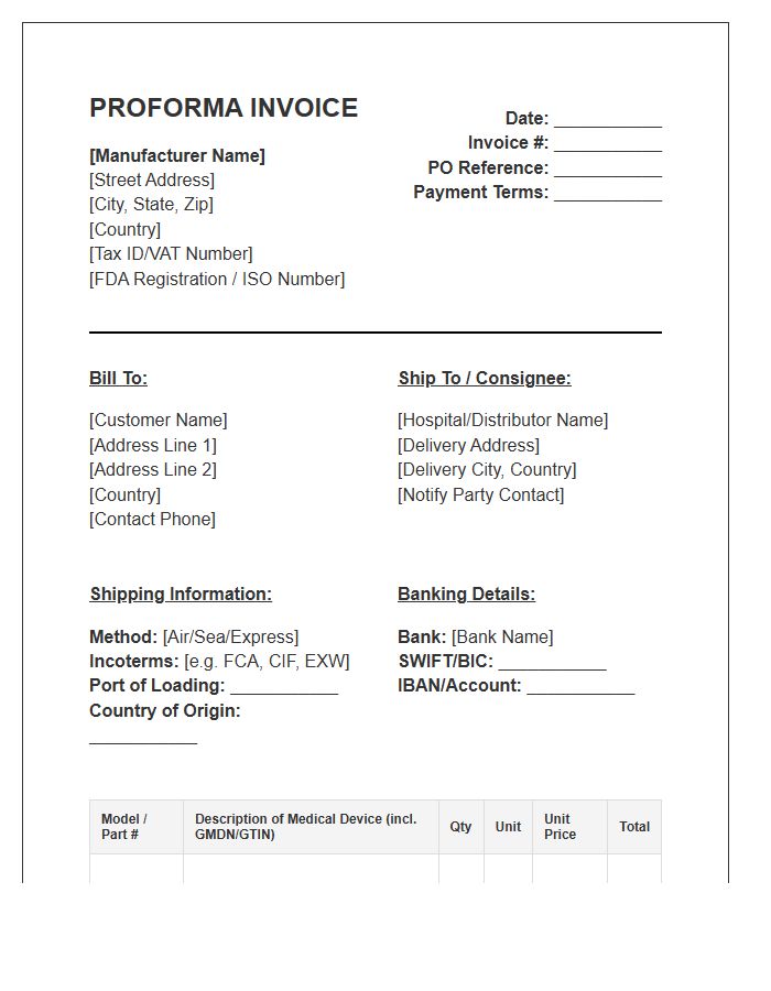 Medical Device Manufacturing Proforma Invoice Template