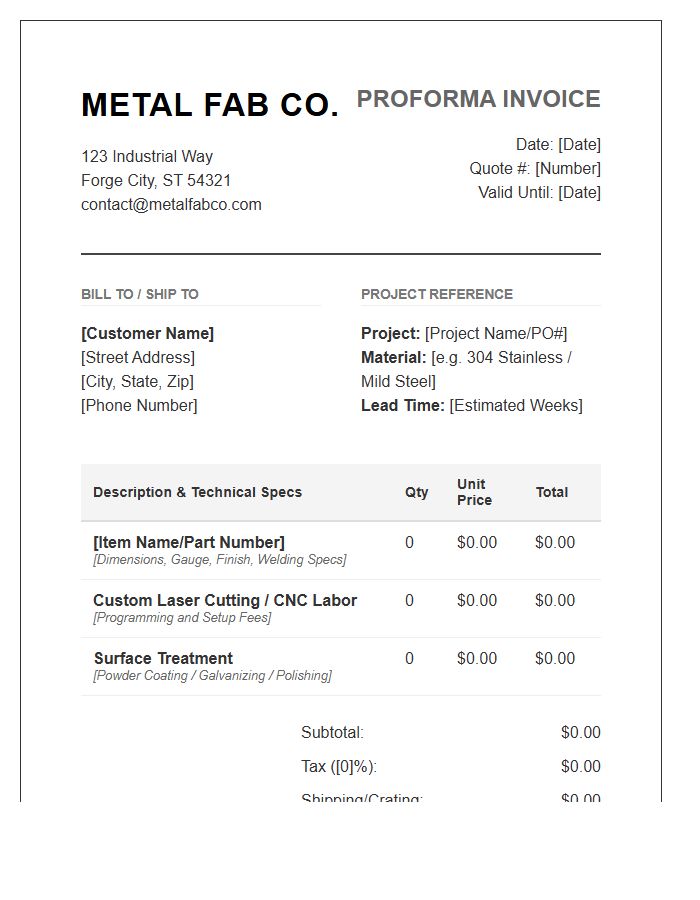Metal Fabrication Proforma Invoice Template