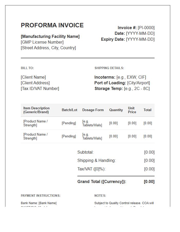 Pharmaceutical Manufacturing Proforma Invoice Template