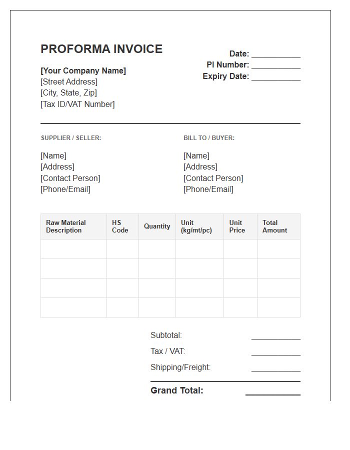 Raw Materials Procurement Proforma Invoice Template