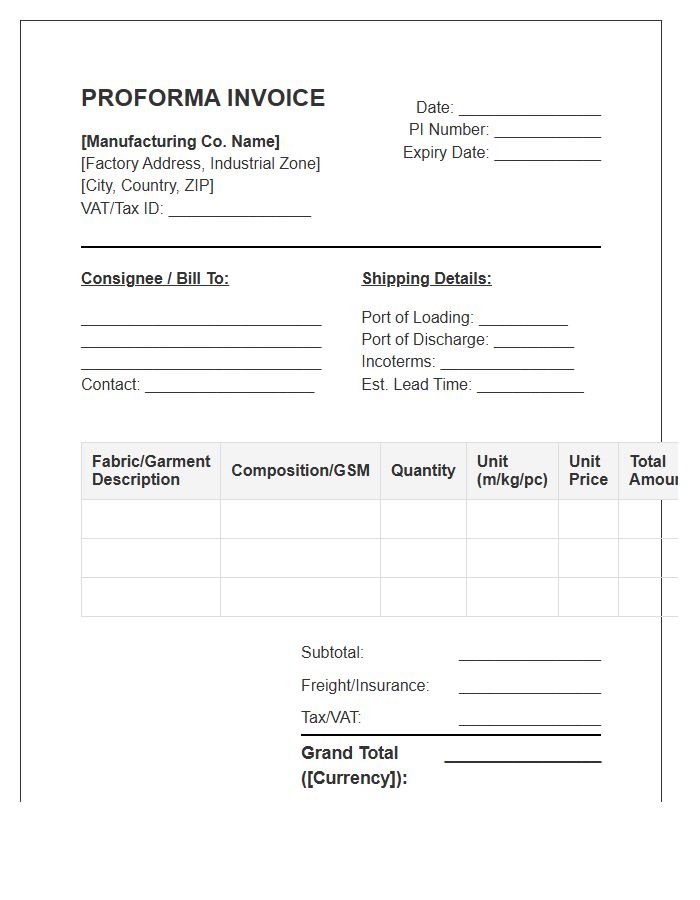 Textile Manufacturing Sector Proforma Invoice Template
