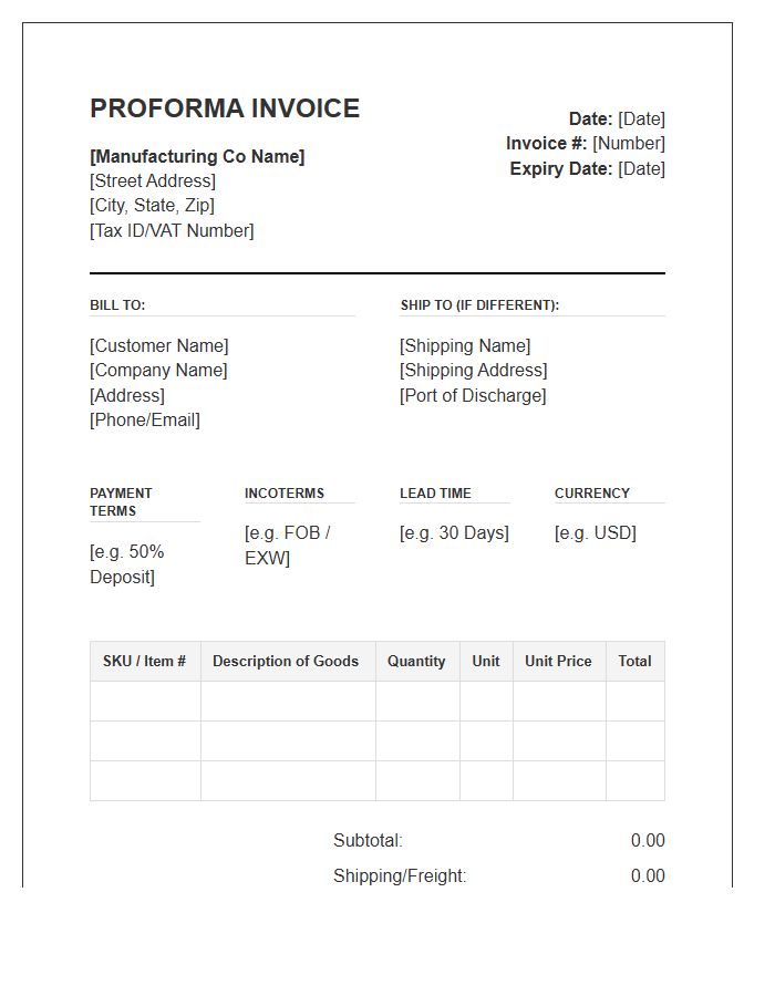 Wholesale Manufacturing Goods Proforma Invoice Template