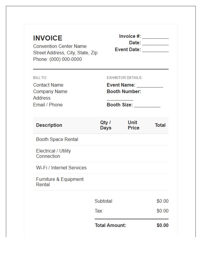 Convention Center Booth Space Invoice Template