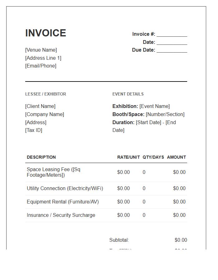 Exhibition Space Leasing Invoice Template