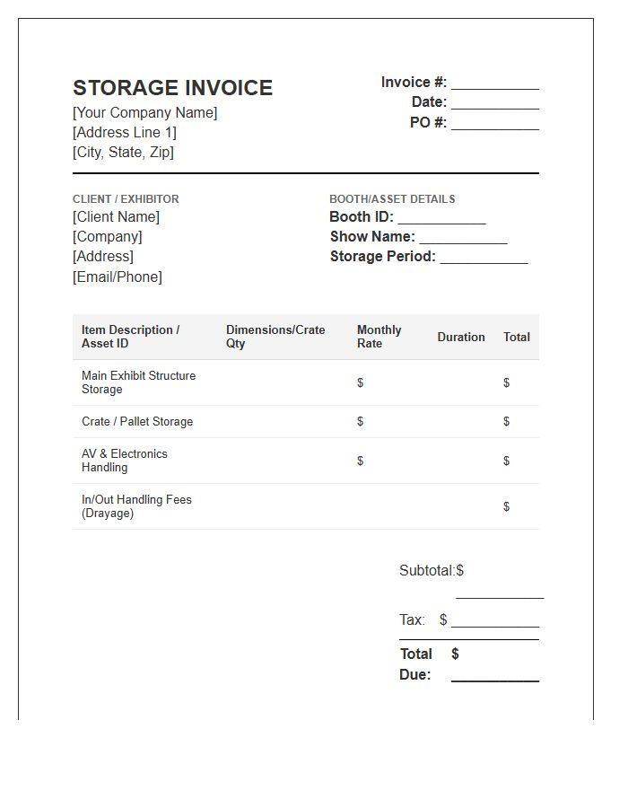 Trade Show Booth Storage Invoice Template