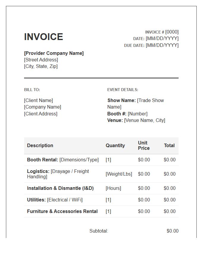 Trade Show Logistics And Booth Rental Invoice Template
