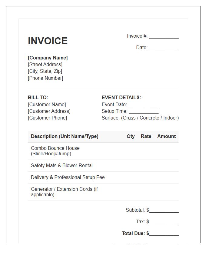 Combo Bounce House Rental Invoice Template
