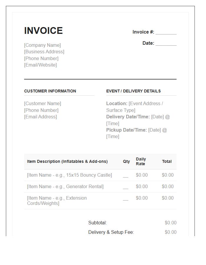 Detailed Inflatable Rental Invoice Template