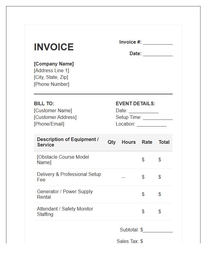 Inflatable Obstacle Course Rental Invoice Template