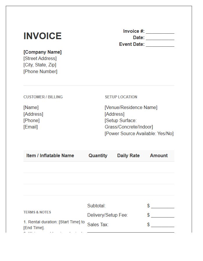 Residential Inflatable Rental Invoice Template