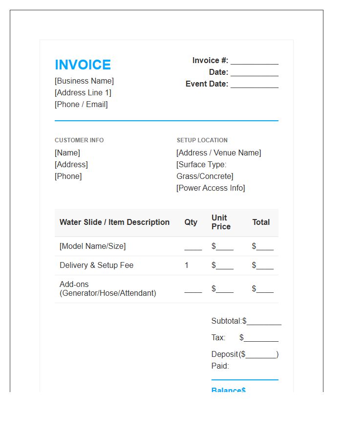 Water Slide Rental Invoice Template