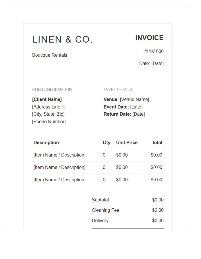 Boutique Linen Rental Invoice Template