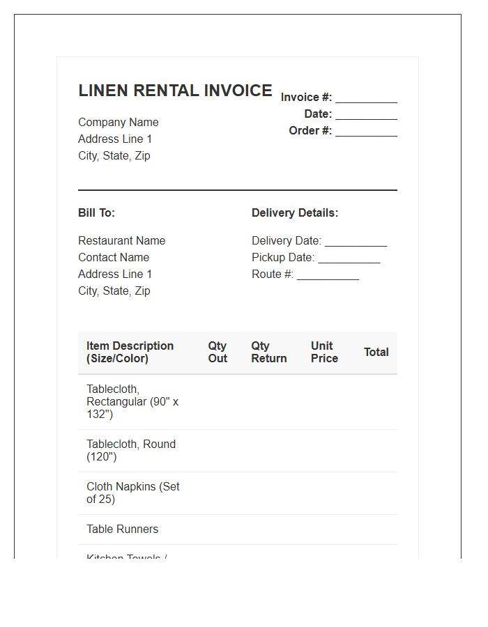 Restaurant Table Linen Rental Invoice Template
