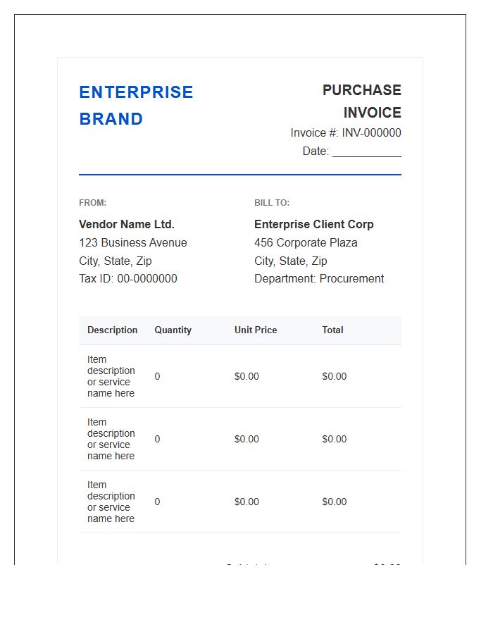 Branded Enterprise Purchase Invoice Template