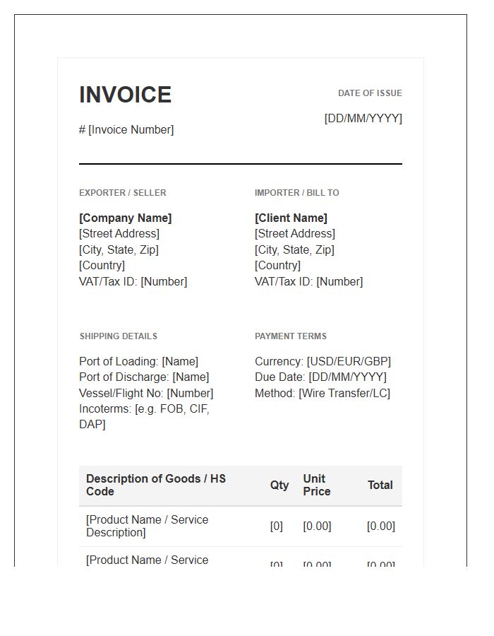 International Supply Purchase Invoice Template