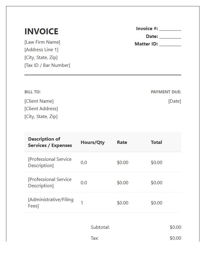 Legal Services Purchase Invoice Template