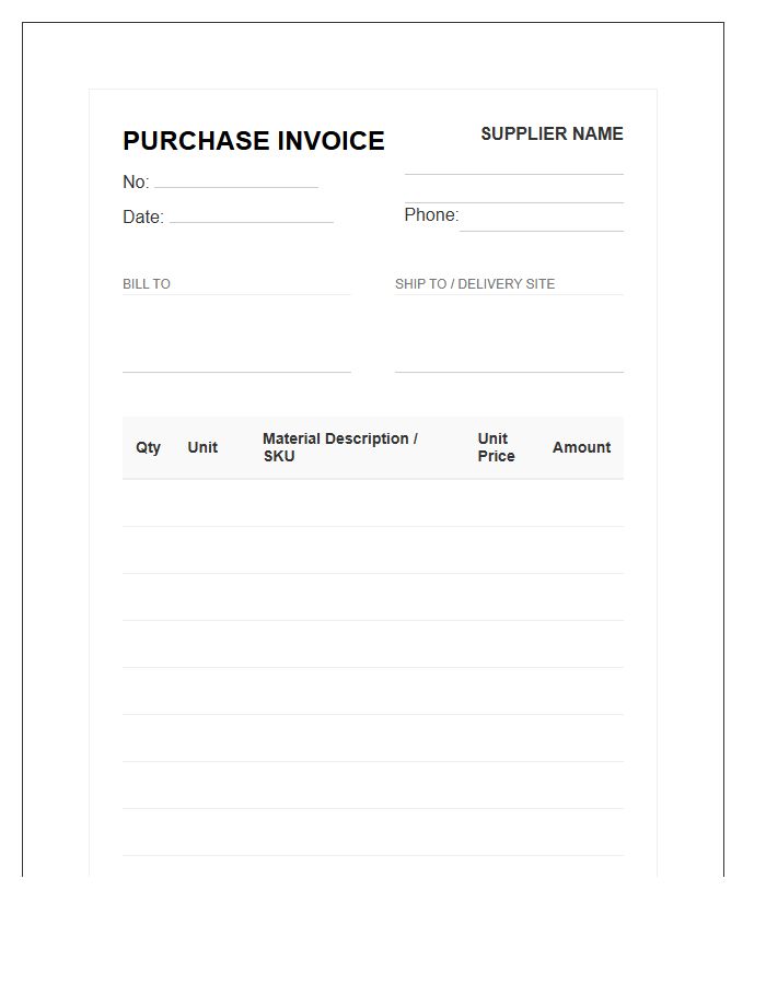 Material Supply Purchase Invoice Template