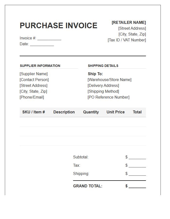 Retailer Stock Purchase Invoice Template