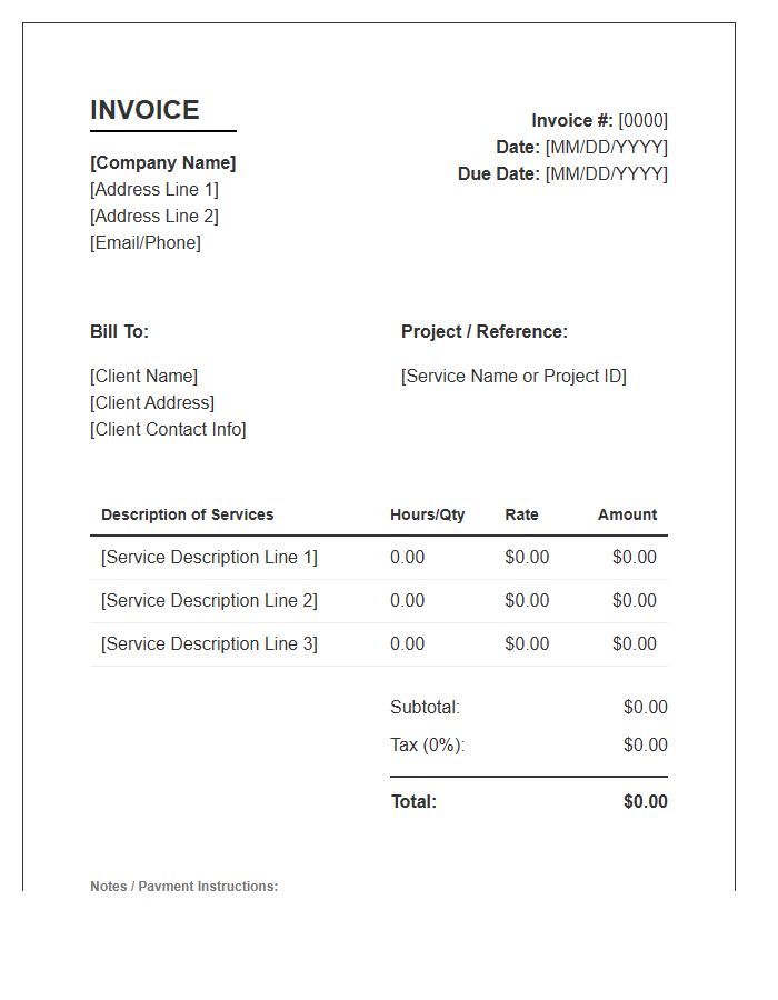 Services Rendered Purchase Invoice Template