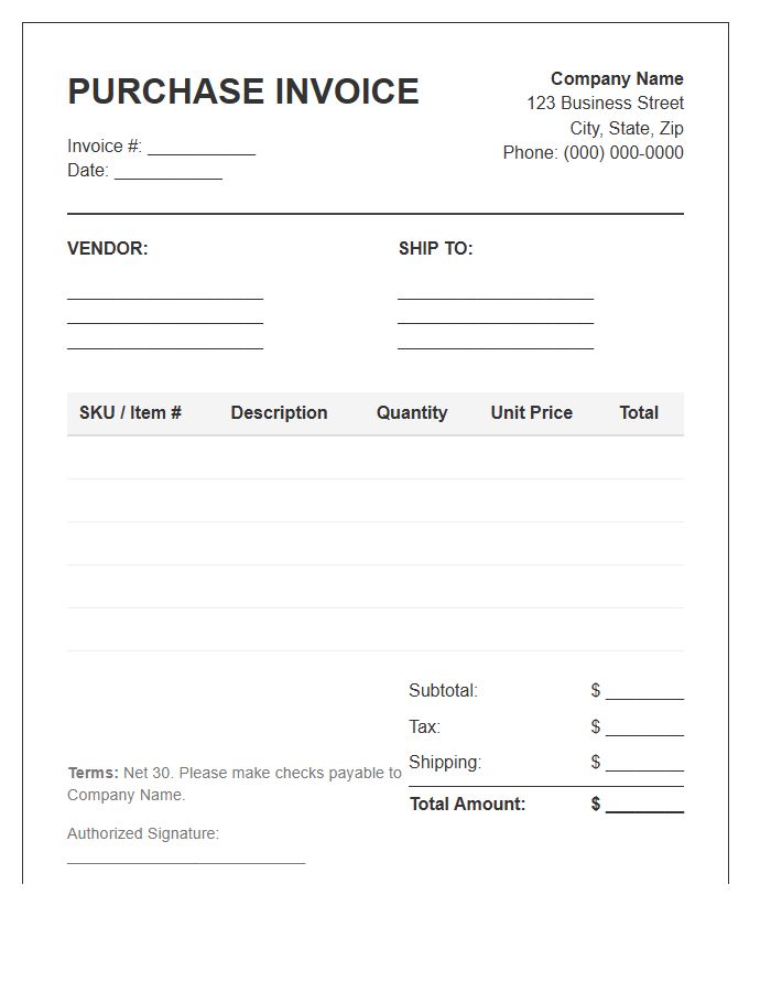 Standard Inventory Purchase Invoice Template