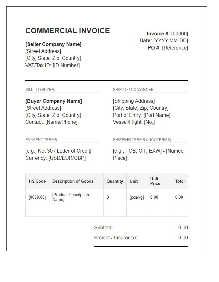 International Wholesale Purchase Invoice Template
