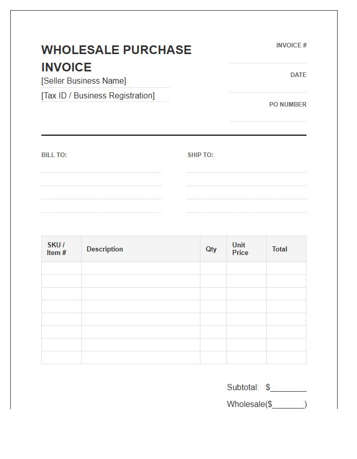 Official Wholesale Purchase Invoice Template