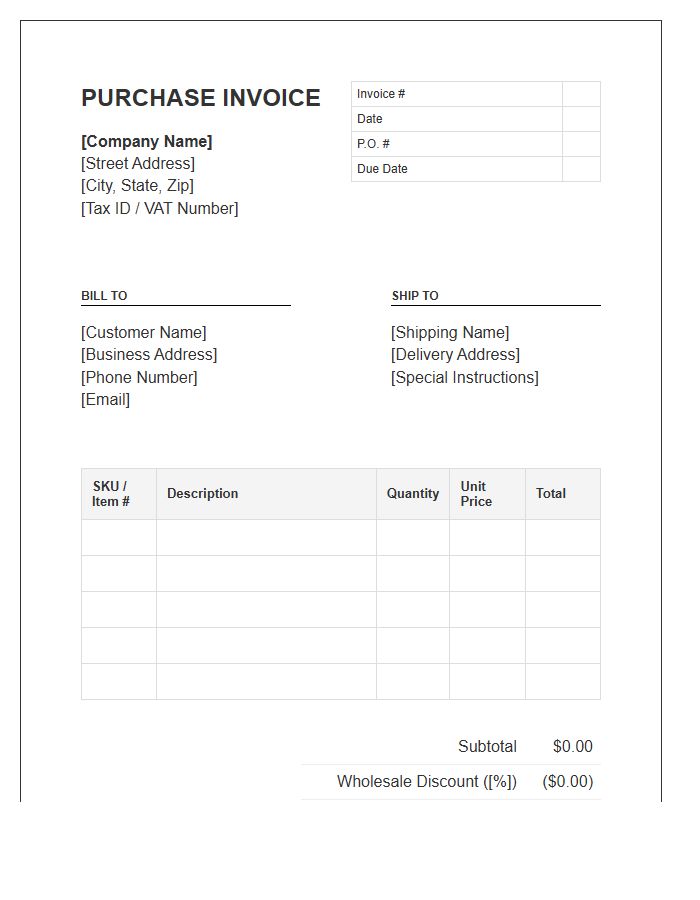 Standard Wholesale Purchase Invoice Template