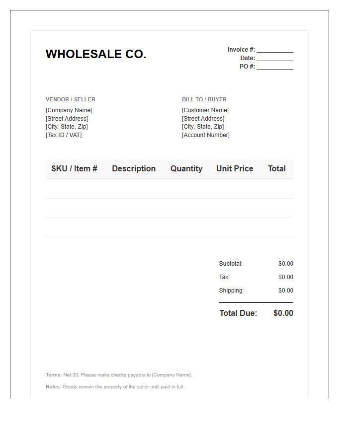 Wholesale Business Purchase Invoice Template