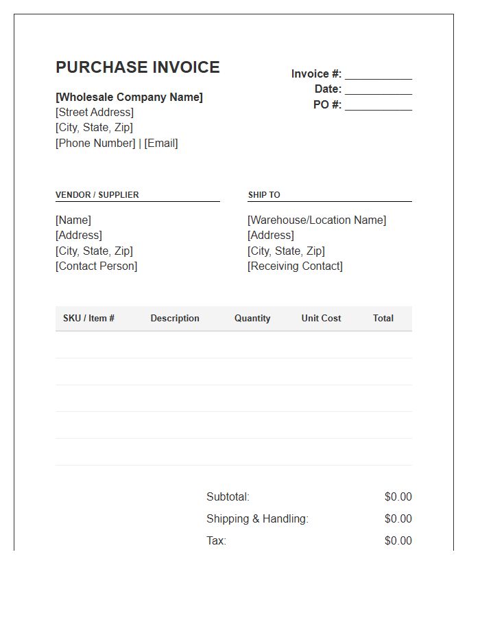 Wholesale Inventory Purchase Invoice Template